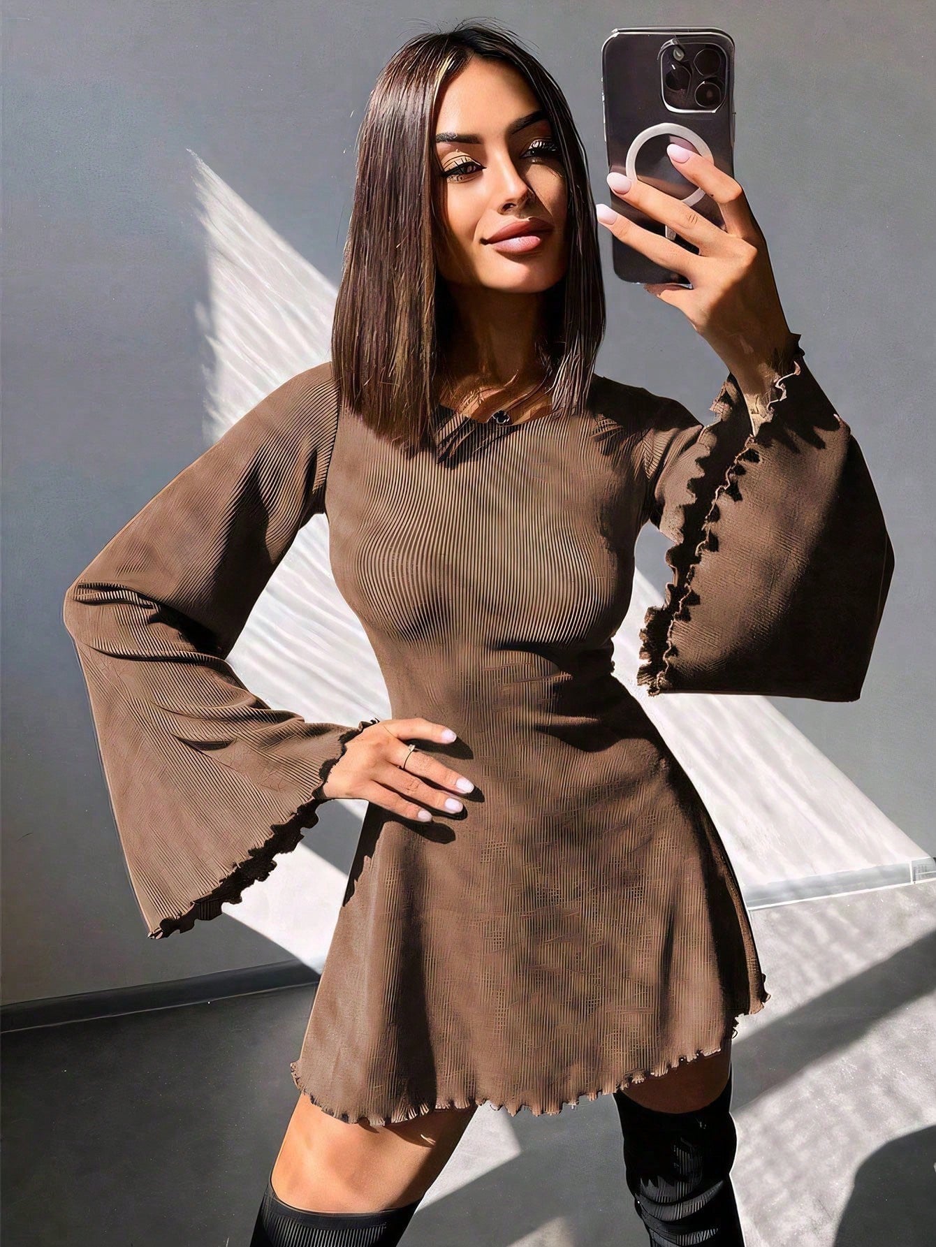 Solid Color Scoop Neck Mini Dress with Bell Sleeves & Tie-Up Detail | Boho A-Line Party Dress