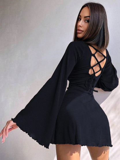 Solid Color Scoop Neck Mini Dress with Bell Sleeves & Tie-Up Detail | Boho A-Line Party Dress