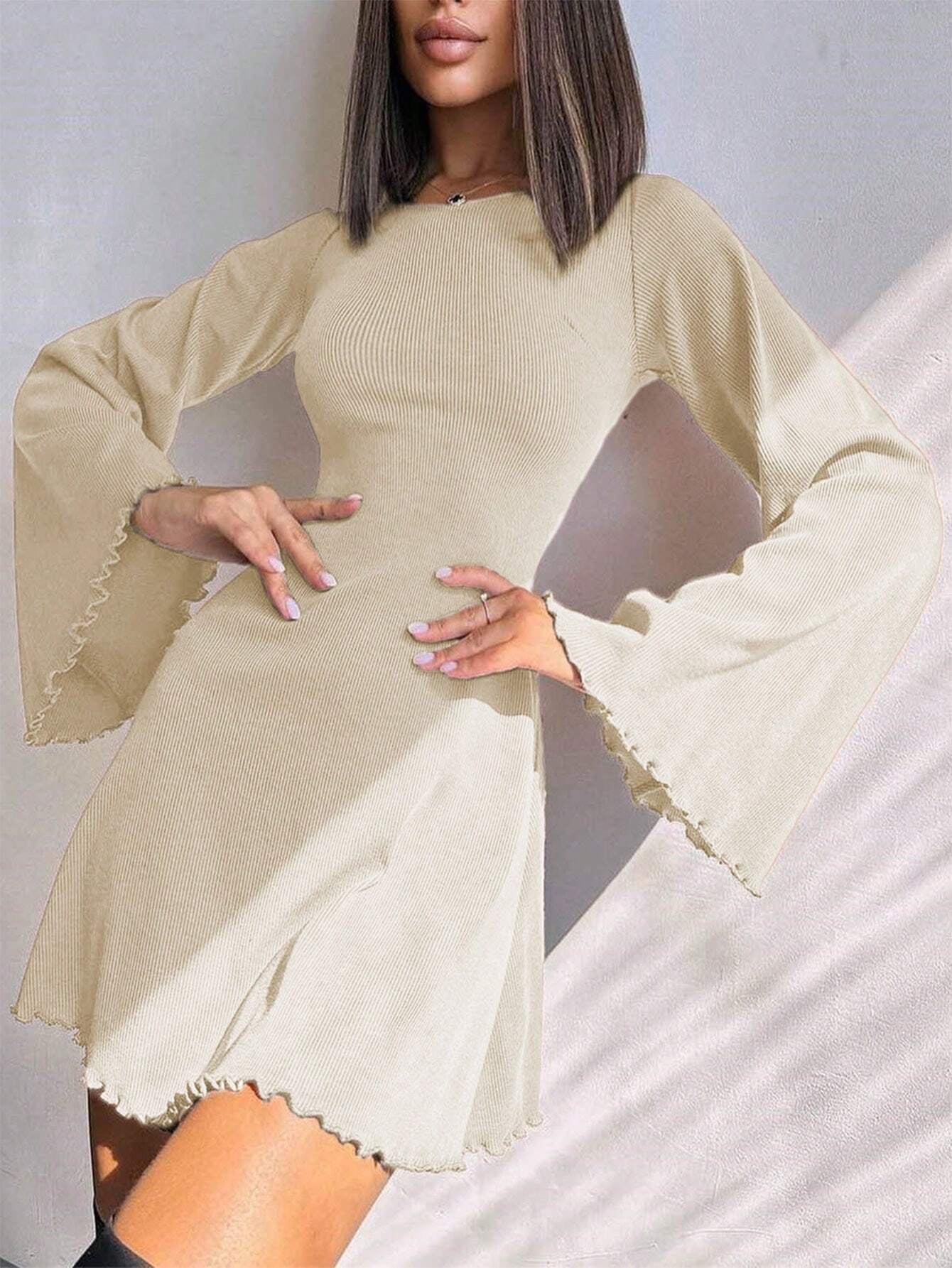 Solid Color Scoop Neck Mini Dress with Bell Sleeves & Tie-Up Detail | Boho A-Line Party Dress