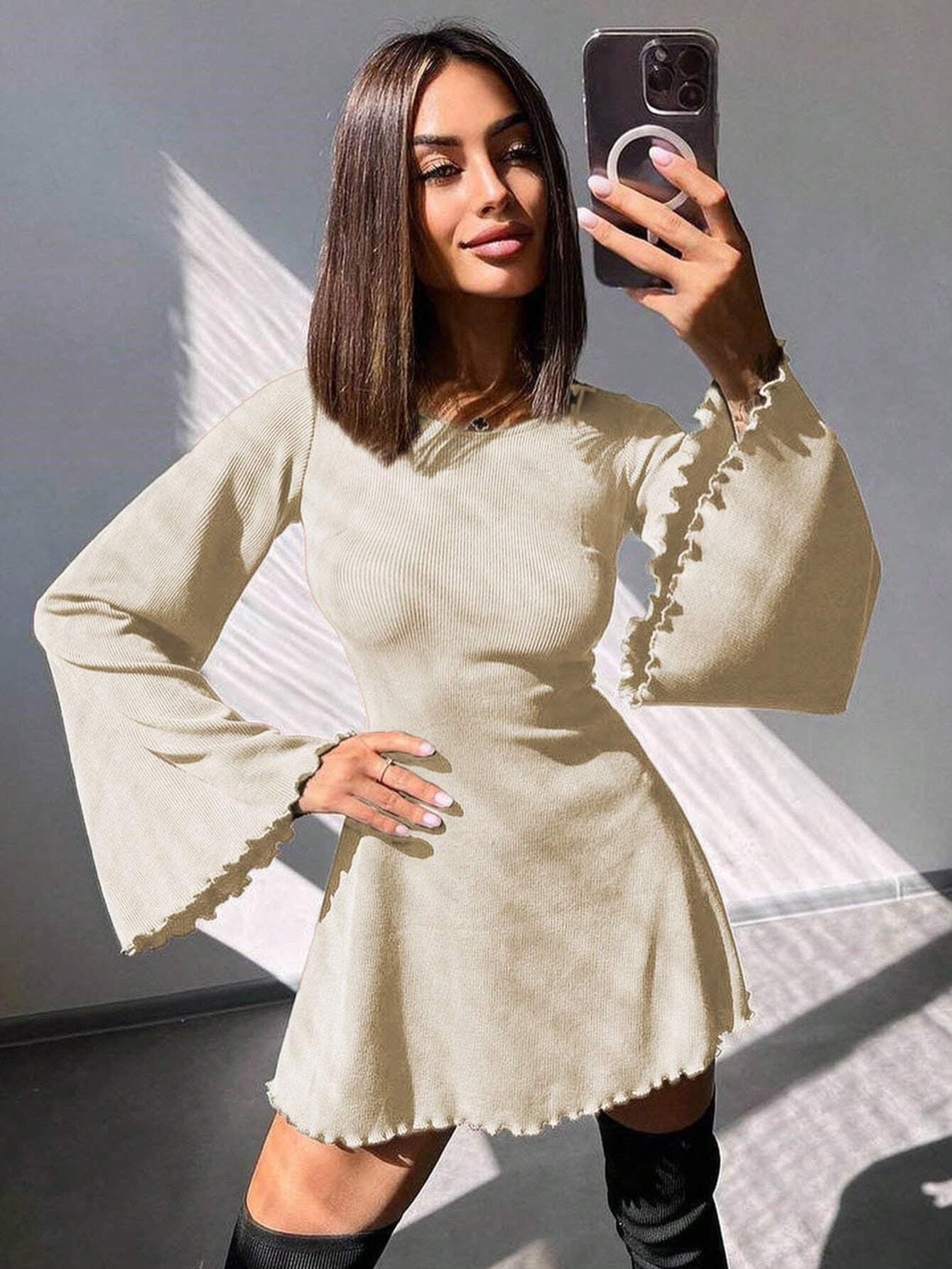 Solid Color Scoop Neck Mini Dress with Bell Sleeves & Tie-Up Detail | Boho A-Line Party Dress