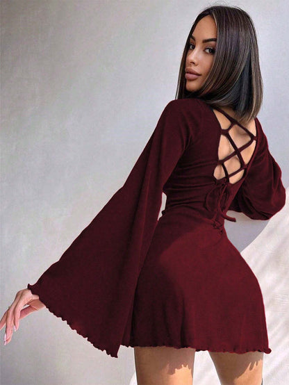 Solid Color Scoop Neck Mini Dress with Bell Sleeves & Tie-Up Detail | Boho A-Line Party Dress