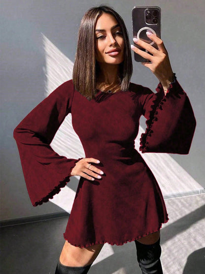 Solid Color Scoop Neck Mini Dress with Bell Sleeves & Tie-Up Detail | Boho A-Line Party Dress