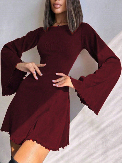 Solid Color Scoop Neck Mini Dress with Bell Sleeves & Tie-Up Detail | Boho A-Line Party Dress