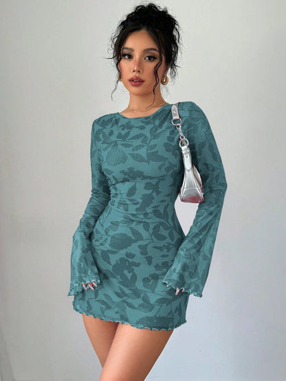 Floral Open-Back Mini Dress with Long Sleeves & Lettuce Hem | Sexy A-Line Backless Dress