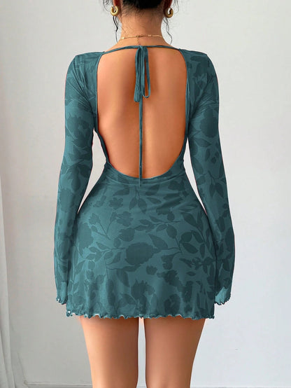 Floral Open-Back Mini Dress with Long Sleeves & Lettuce Hem | Sexy A-Line Backless Dress