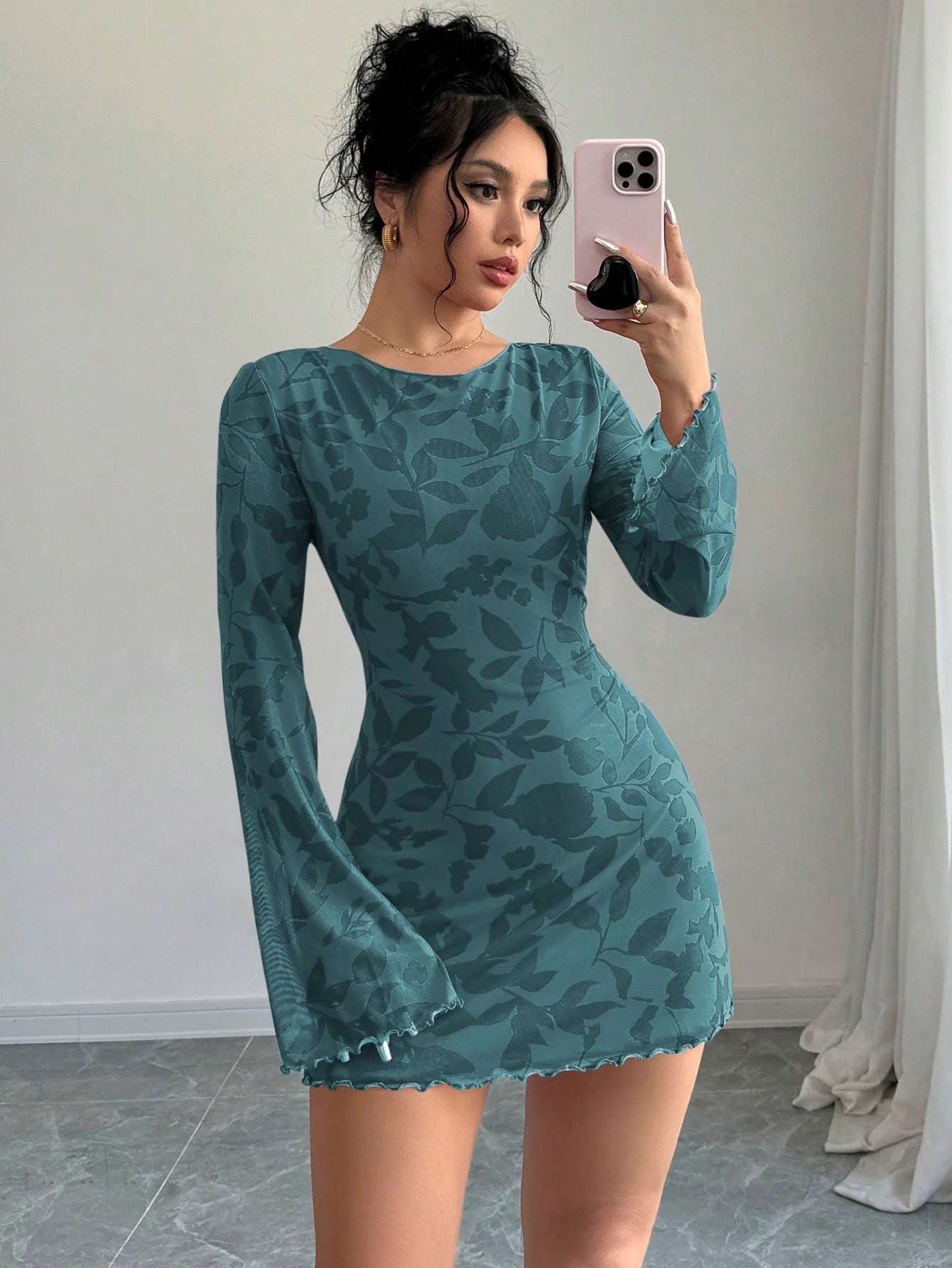 Floral Open-Back Mini Dress with Long Sleeves & Lettuce Hem | Sexy A-Line Backless Dress