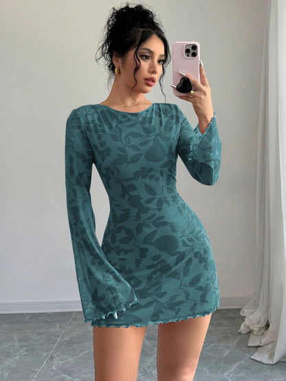Floral Open-Back Mini Dress with Long Sleeves & Lettuce Hem | Sexy A-Line Backless Dress