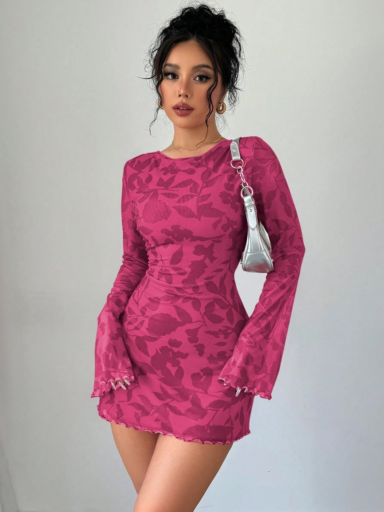 Floral Open-Back Mini Dress with Long Sleeves & Lettuce Hem | Sexy A-Line Backless Dress