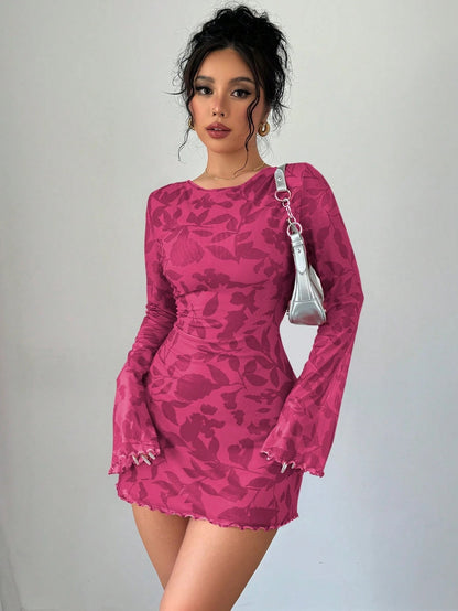 Floral Open-Back Mini Dress with Long Sleeves & Lettuce Hem | Sexy A-Line Backless Dress