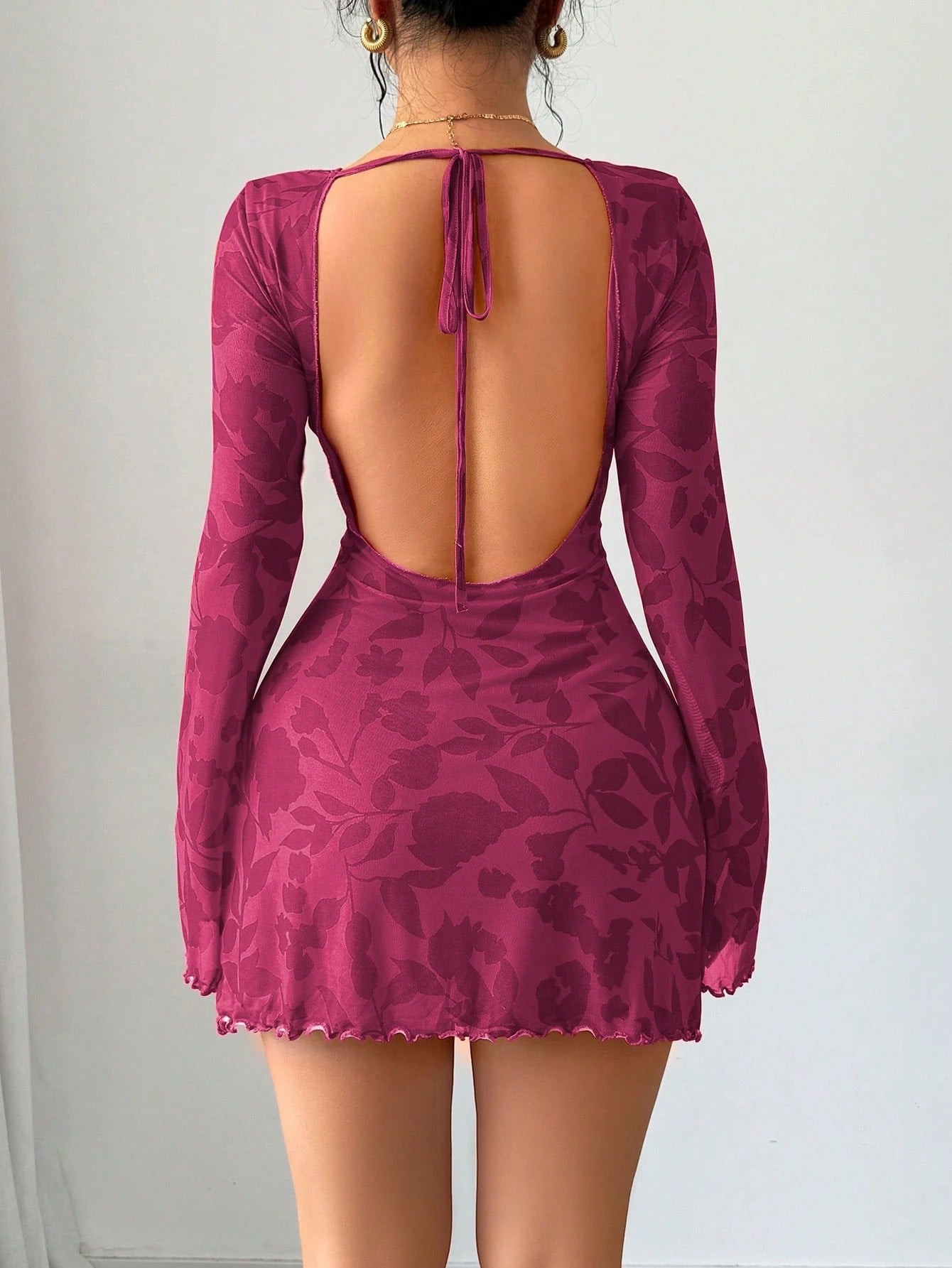Floral Open-Back Mini Dress with Long Sleeves & Lettuce Hem | Sexy A-Line Backless Dress