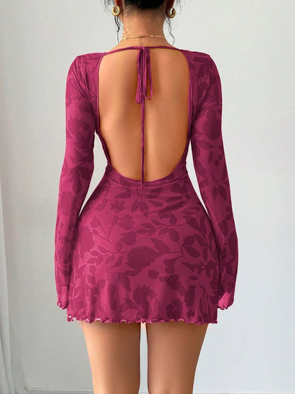 Floral Open-Back Mini Dress with Long Sleeves & Lettuce Hem | Sexy A-Line Backless Dress