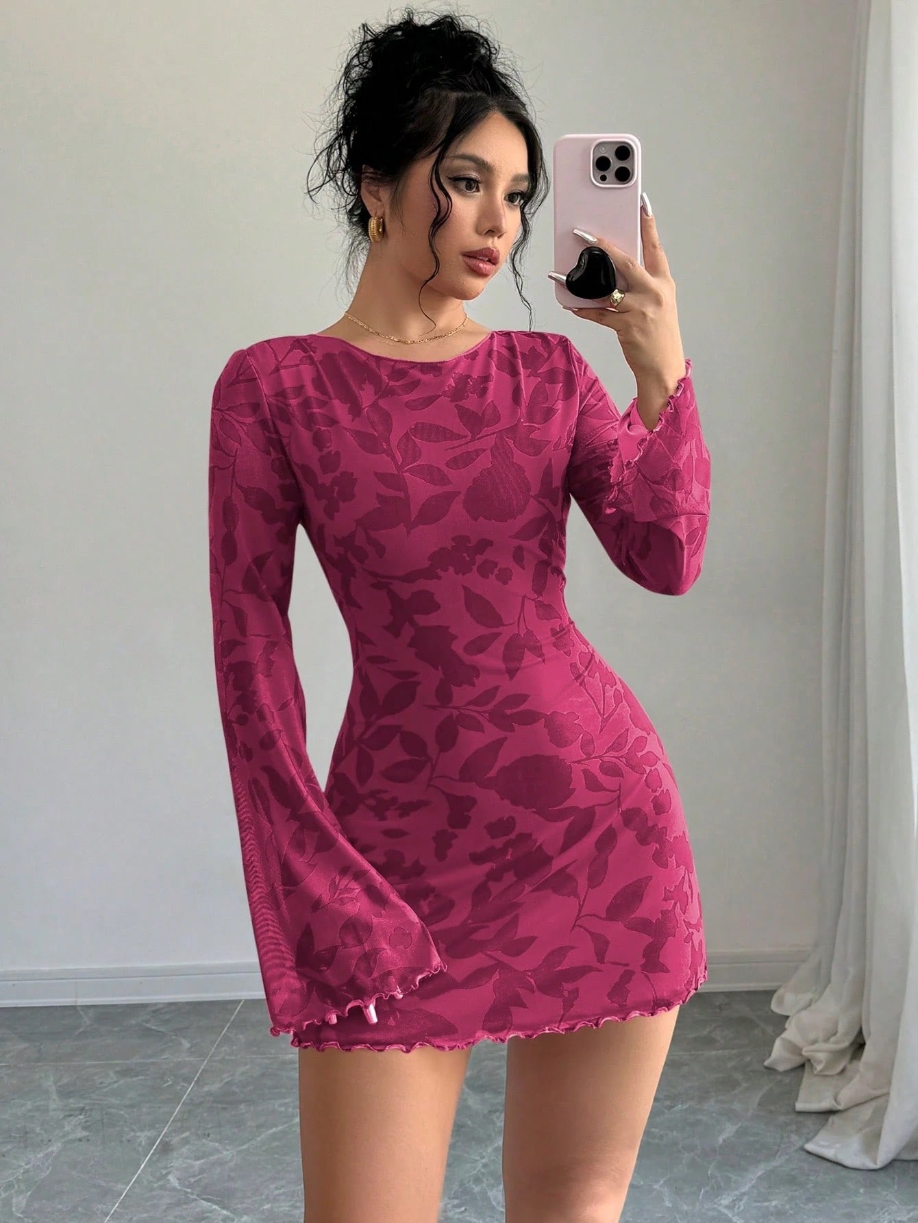 Floral Open-Back Mini Dress with Long Sleeves & Lettuce Hem | Sexy A-Line Backless Dress