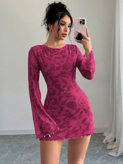 Floral Open-Back Mini Dress with Long Sleeves & Lettuce Hem | Sexy A-Line Backless Dress