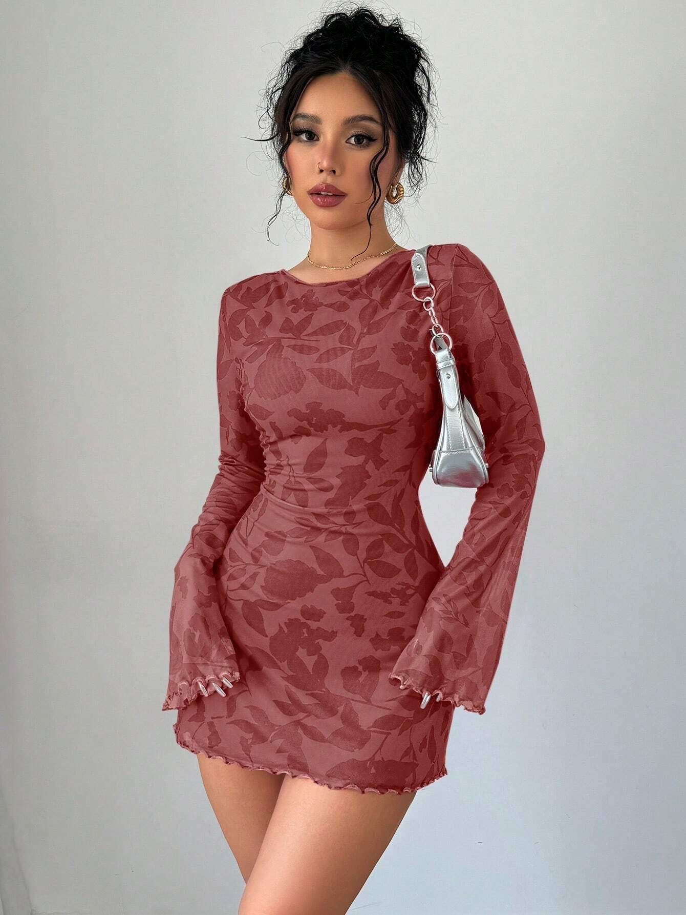 Floral Open-Back Mini Dress with Long Sleeves & Lettuce Hem | Sexy A-Line Backless Dress