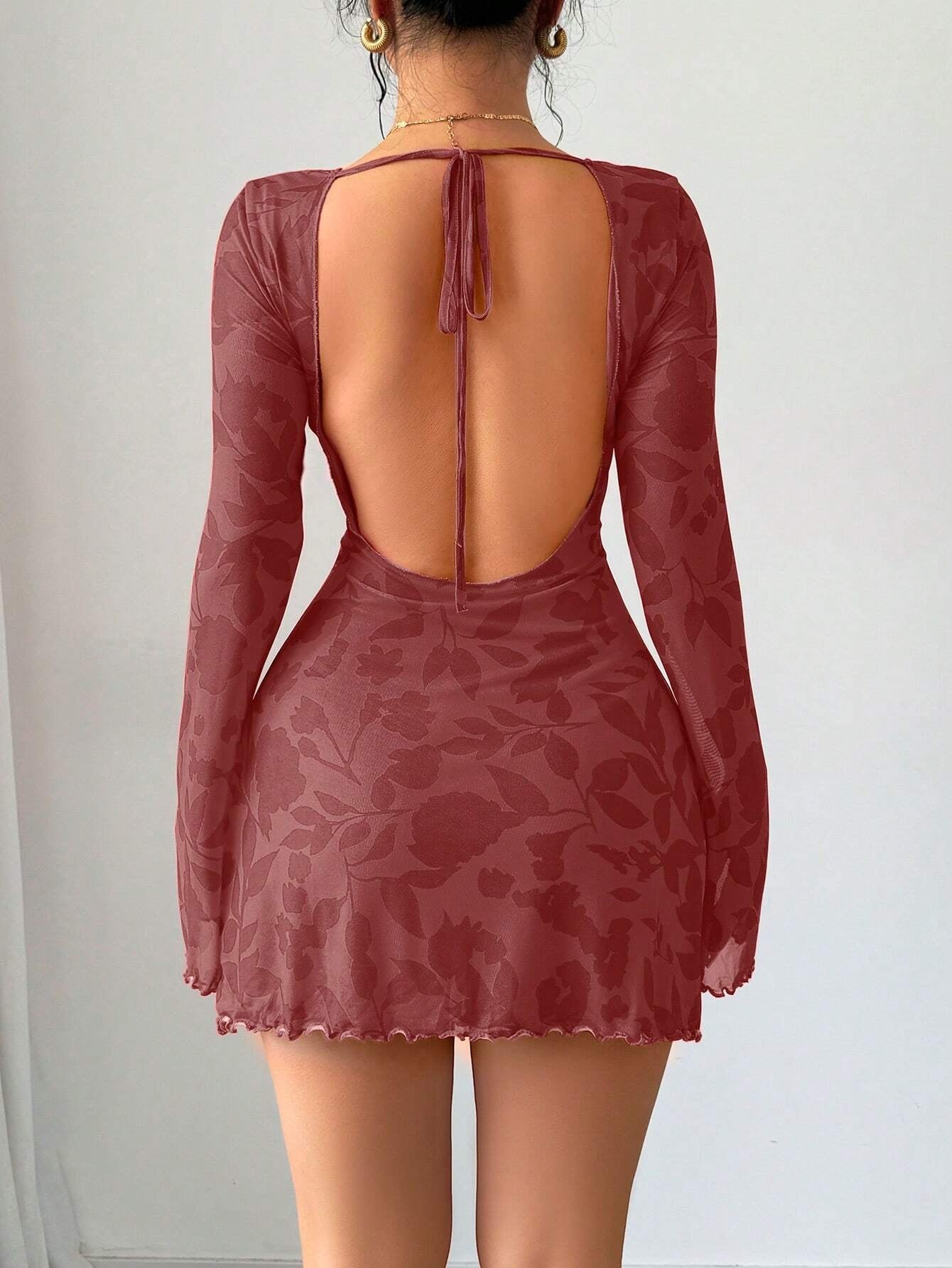 Floral Open-Back Mini Dress with Long Sleeves & Lettuce Hem | Sexy A-Line Backless Dress