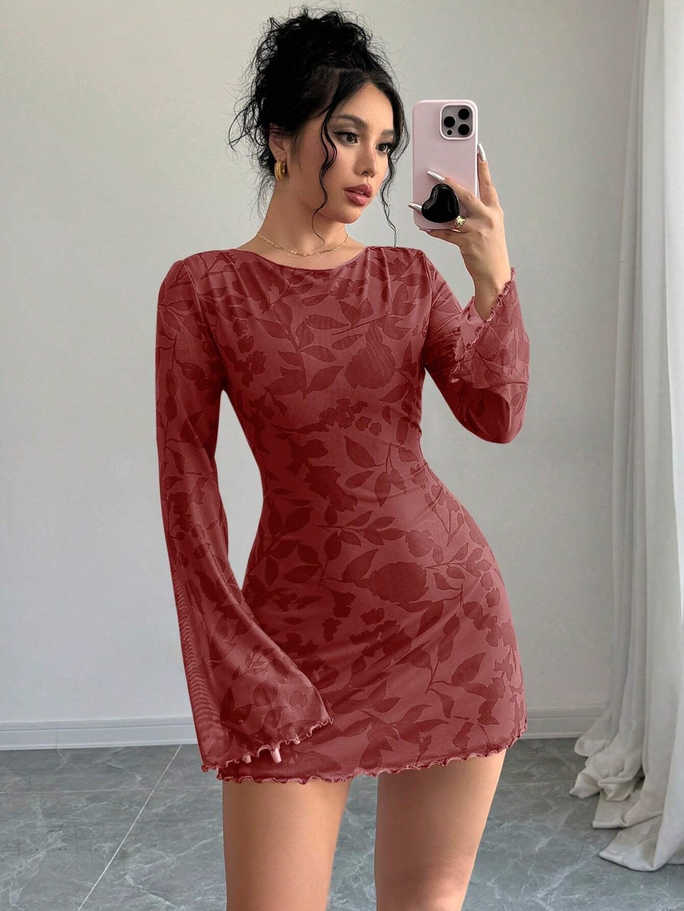 Floral Open-Back Mini Dress with Long Sleeves & Lettuce Hem | Sexy A-Line Backless Dress
