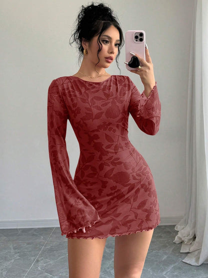 Floral Open-Back Mini Dress with Long Sleeves & Lettuce Hem | Sexy A-Line Backless Dress