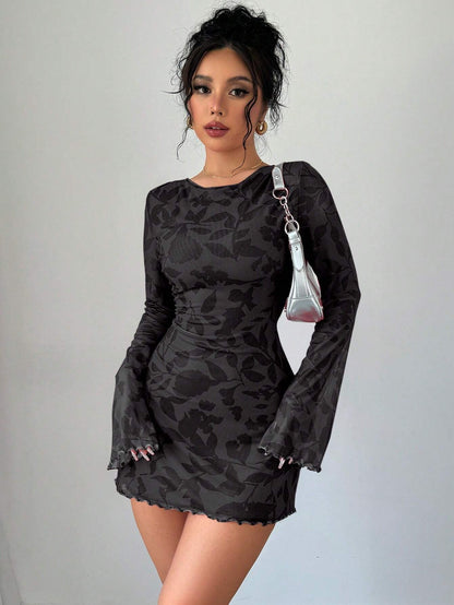 Floral Open-Back Mini Dress with Long Sleeves & Lettuce Hem | Sexy A-Line Backless Dress