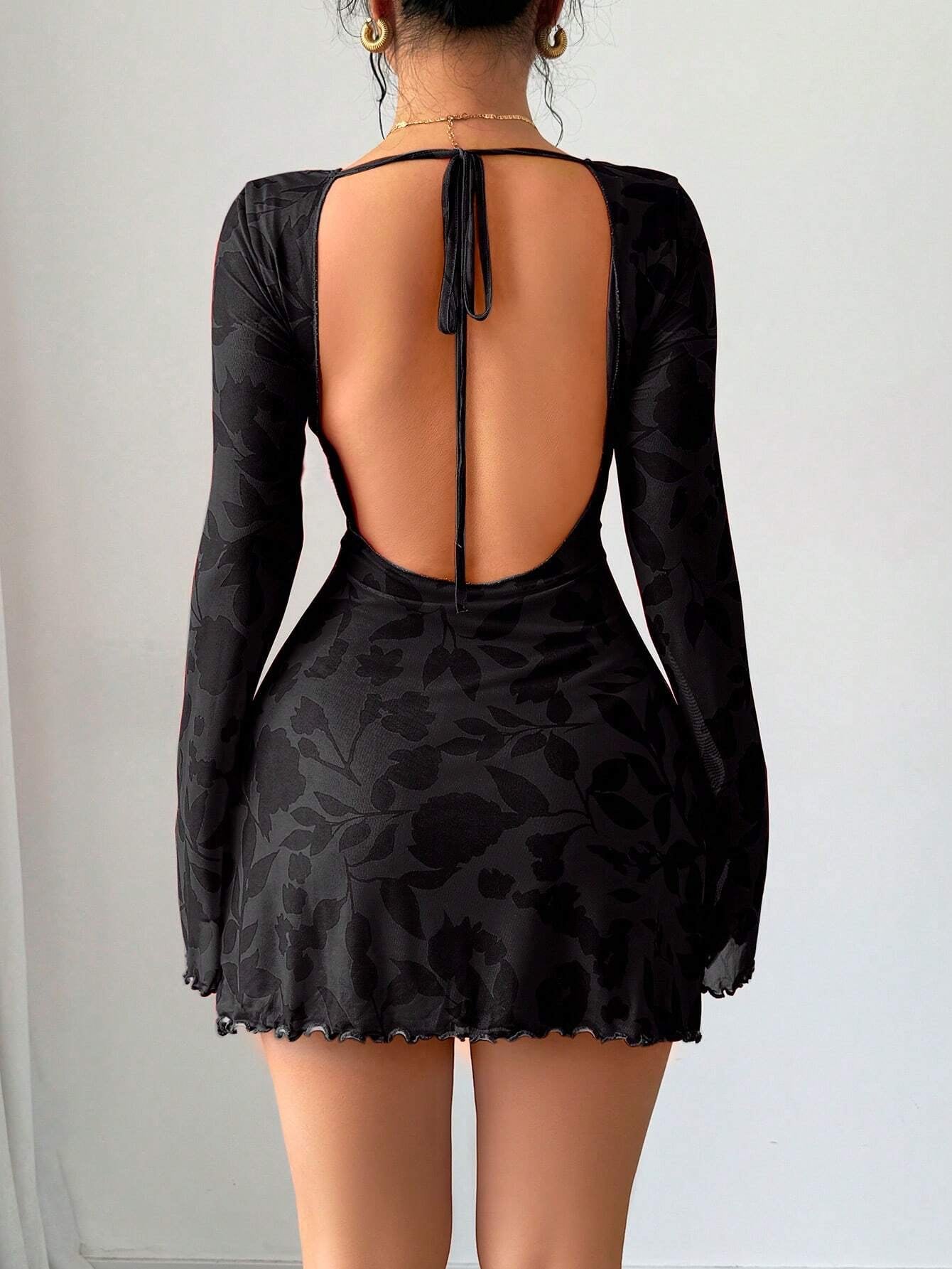 Floral Open-Back Mini Dress with Long Sleeves & Lettuce Hem | Sexy A-Line Backless Dress