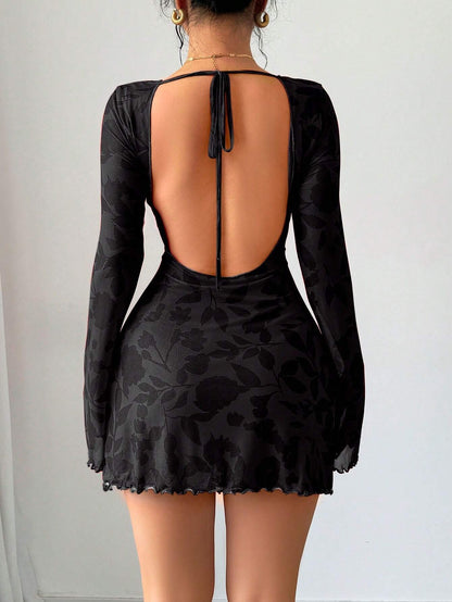 Floral Open-Back Mini Dress with Long Sleeves & Lettuce Hem | Sexy A-Line Backless Dress