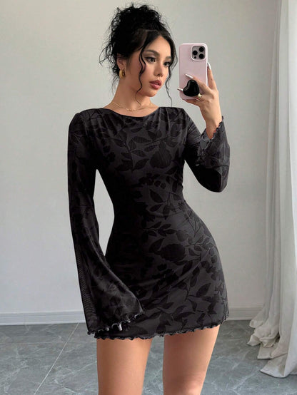 Floral Open-Back Mini Dress with Long Sleeves & Lettuce Hem | Sexy A-Line Backless Dress