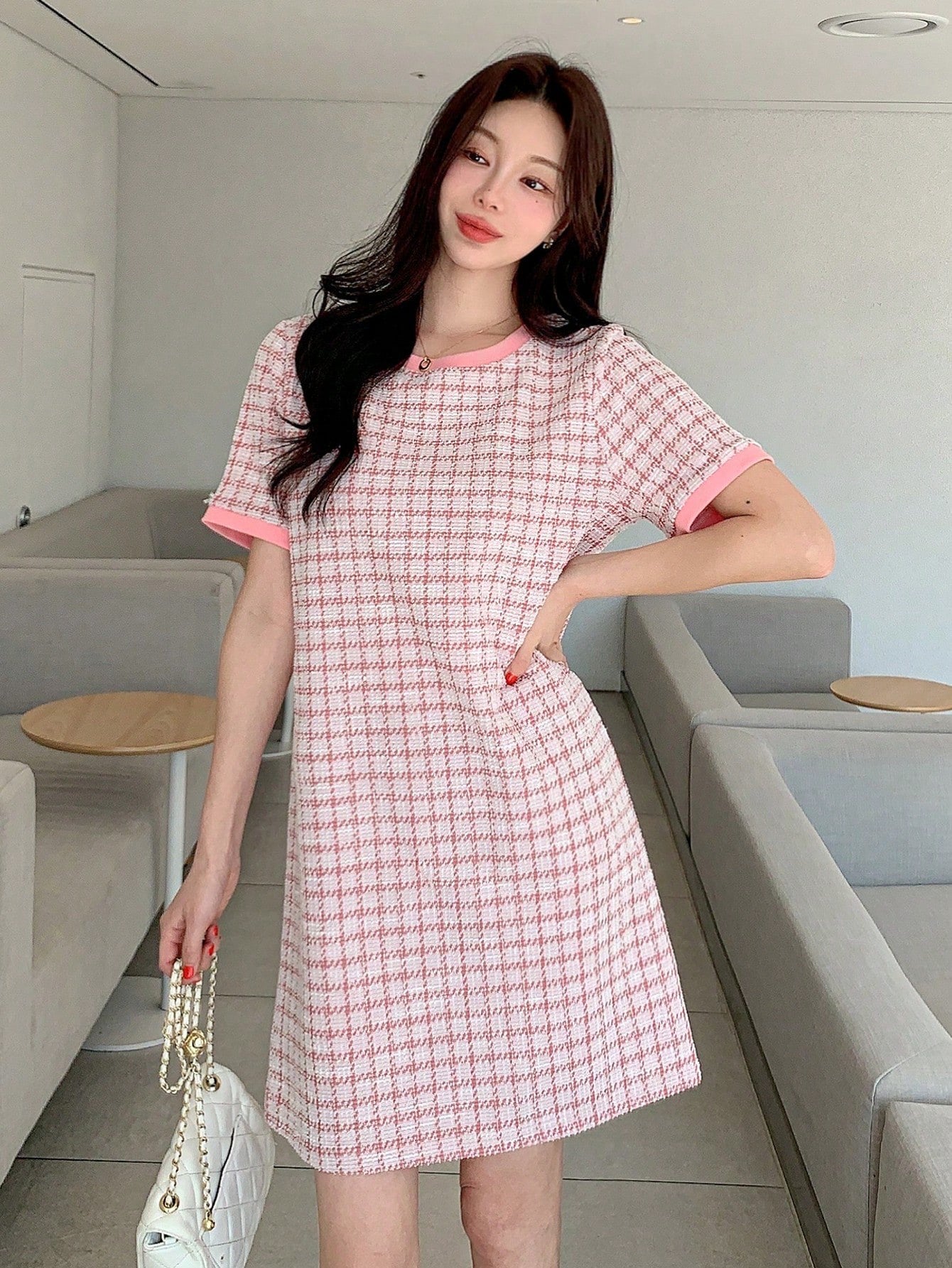 Plaid Round Neck Mini T-Shirt Dress with Short Sleeves | Casual Loose Fit Everyday Dress