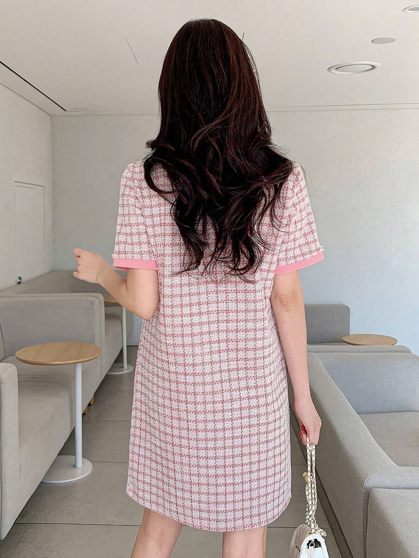 Plaid Round Neck Mini T-Shirt Dress with Short Sleeves | Casual Loose Fit Everyday Dress