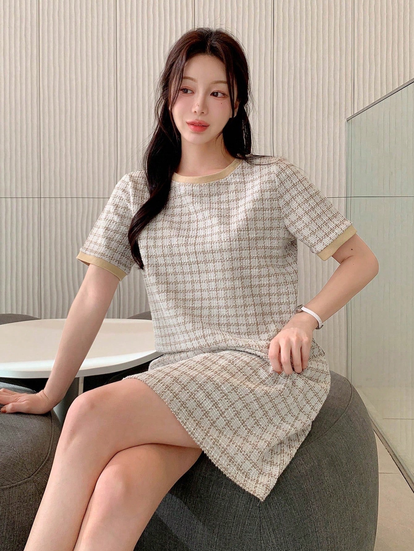 Plaid Round Neck Mini T-Shirt Dress with Short Sleeves | Casual Loose Fit Everyday Dress