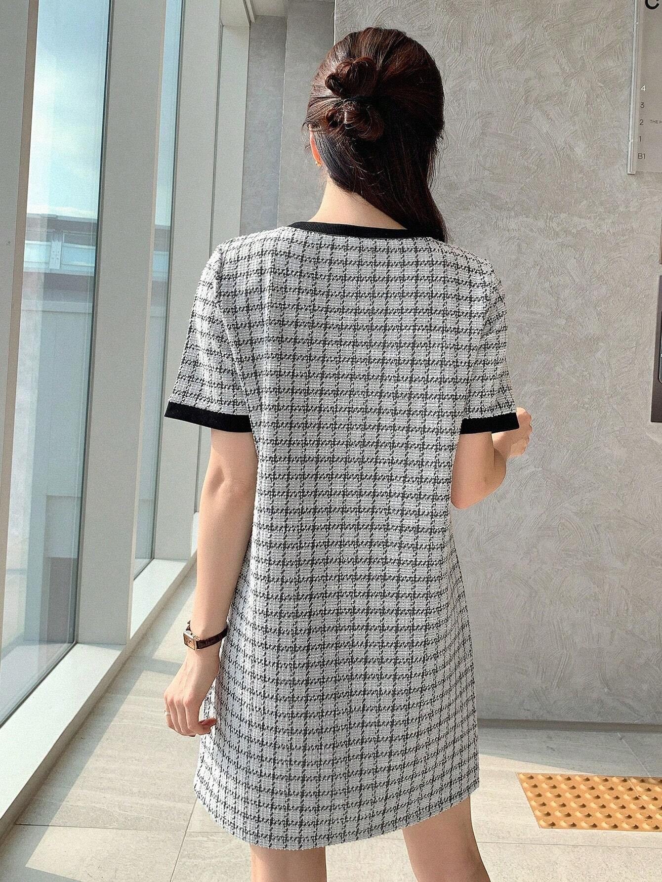 Plaid Round Neck Mini T-Shirt Dress with Short Sleeves | Casual Loose Fit Everyday Dress