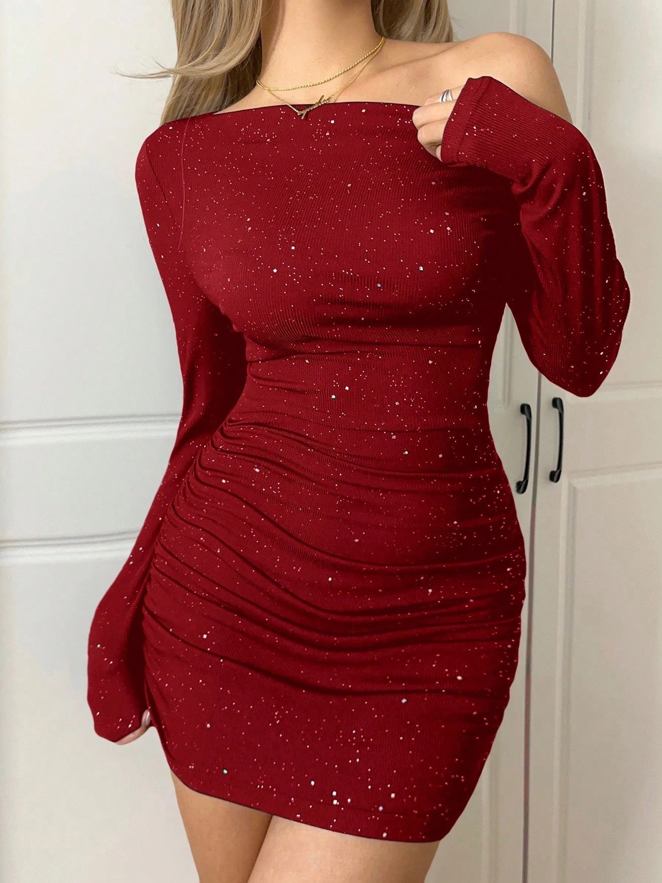 Asymmetric One-Shoulder Ruched Mini Dress with Long Sleeves | Bodycon Party Wear Dress