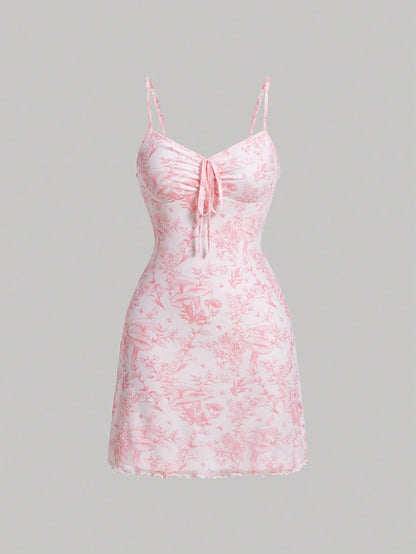 Floral Print Tie-Front Cami Mini Dress | Slim-Fit A-Line Knitted Summer Dress