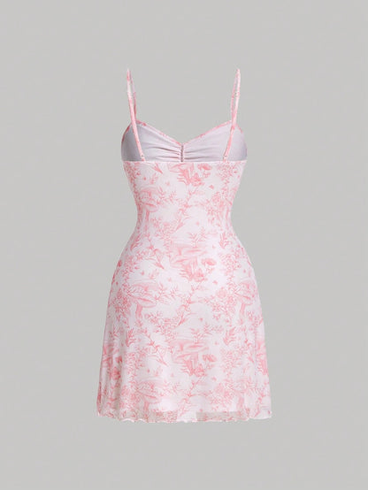 Floral Print Tie-Front Cami Mini Dress | Slim-Fit A-Line Knitted Summer Dress