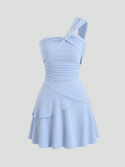 Solid Color Asymmetrical Neck Ruched Mini Dress | Y2K Cinched Waist High-Stretch Vacation Dress