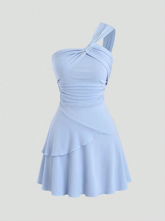Solid Color Asymmetrical Neck Ruched Mini Dress | Y2K Cinched Waist High-Stretch Vacation Dress
