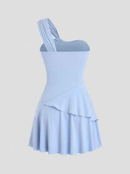 Solid Color Asymmetrical Neck Ruched Mini Dress | Y2K Cinched Waist High-Stretch Vacation Dress