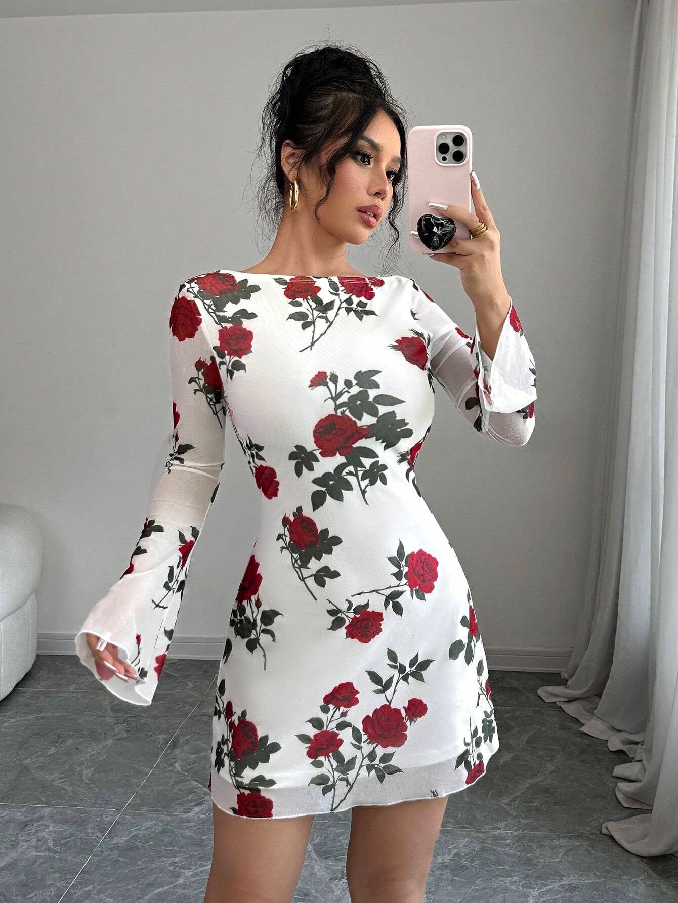 Floral Backless Mesh Mini Bodycon Dress | Bell Sleeve Slim-Fit Party & Date Night Dress