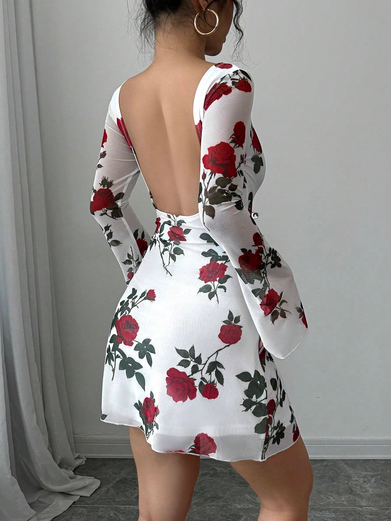 Floral Backless Mesh Mini Bodycon Dress | Bell Sleeve Slim-Fit Party & Date Night Dress