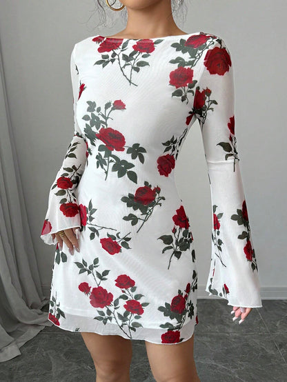 Floral Backless Mesh Mini Bodycon Dress | Bell Sleeve Slim-Fit Party & Date Night Dress