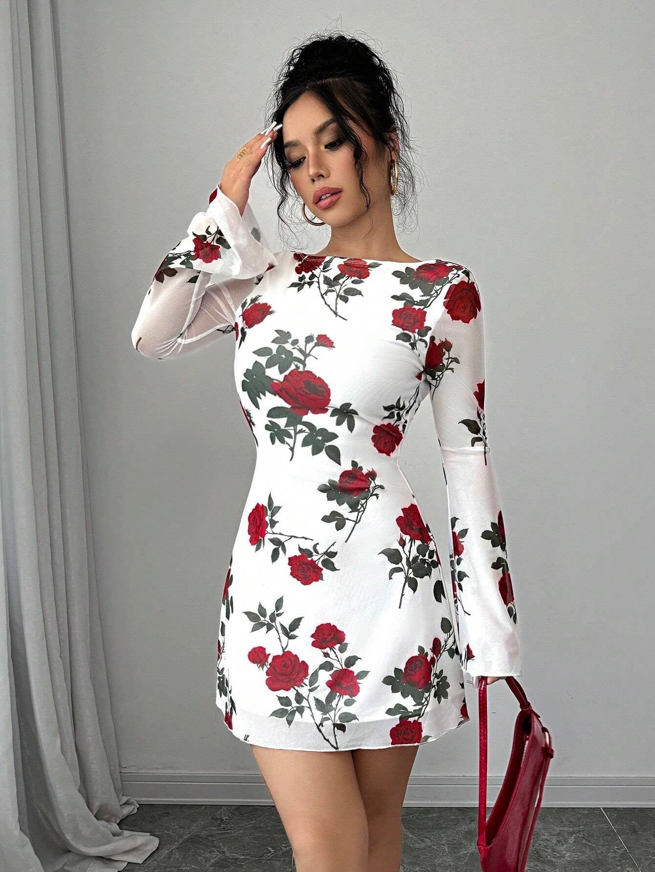 Floral Backless Mesh Mini Bodycon Dress | Bell Sleeve Slim-Fit Party & Date Night Dress