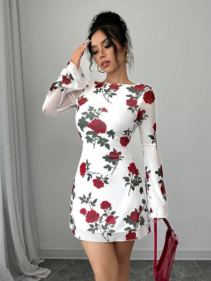 Floral Backless Mesh Mini Bodycon Dress | Bell Sleeve Slim-Fit Party & Date Night Dress