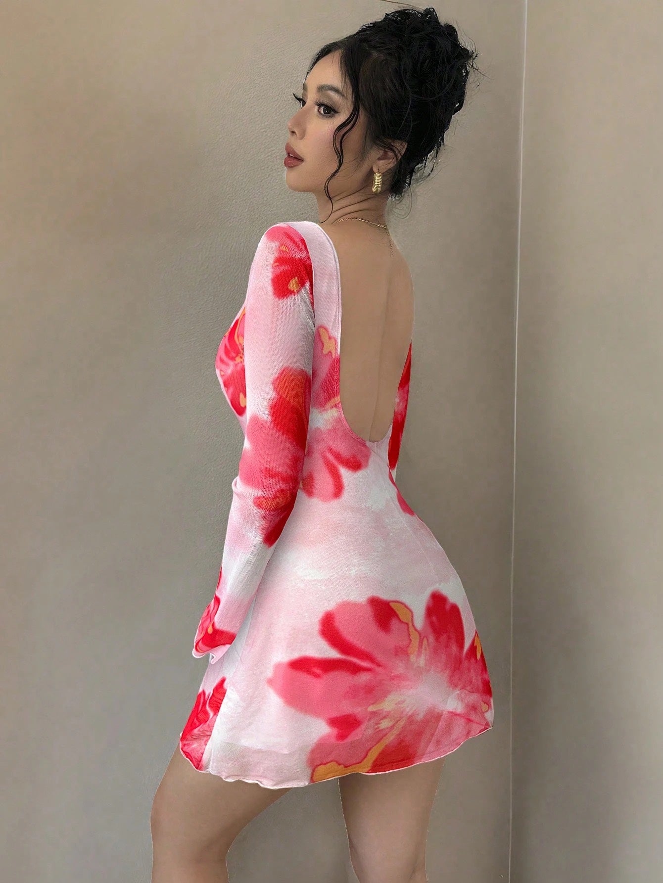 Floral Open Back Mesh Mini Dress with Trumpet Sleeves | Slim-Fit Party & Vacation Dress