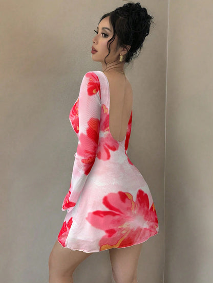 Floral Open Back Mesh Mini Dress with Trumpet Sleeves | Slim-Fit Party & Vacation Dress