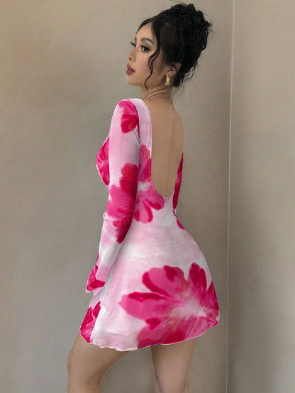 Floral Open Back Mesh Mini Dress with Trumpet Sleeves | Slim-Fit Party & Vacation Dress