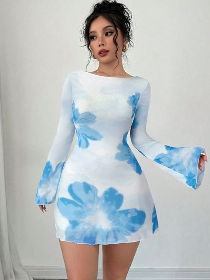 Floral Open Back Mesh Mini Dress with Trumpet Sleeves | Slim-Fit Party & Vacation Dress