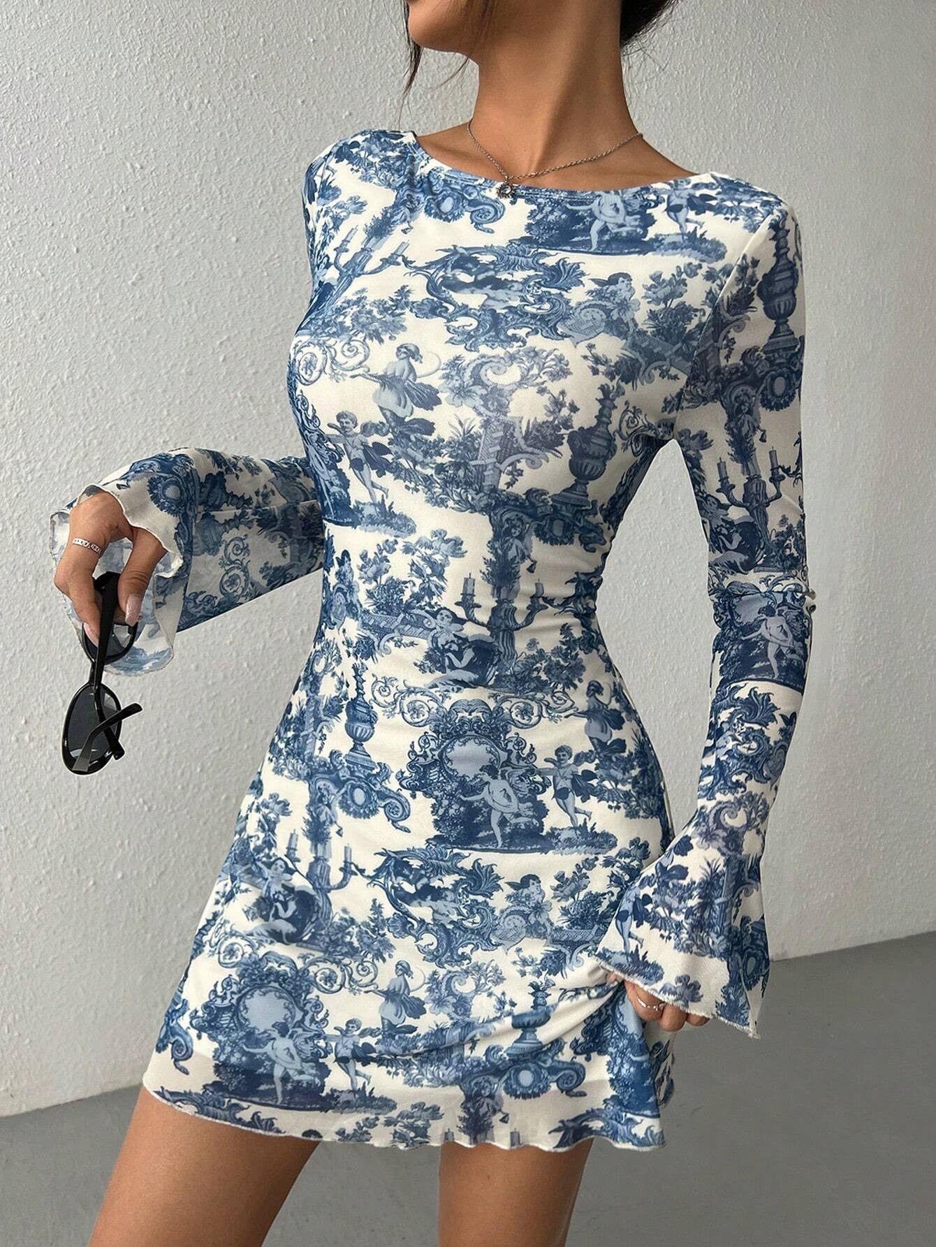Autumn Printed Backless Mesh Mini Dress with Flared Sleeves | Slim-Fit Summer to Fall Dress