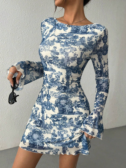 Autumn Printed Backless Mesh Mini Dress with Flared Sleeves | Slim-Fit Summer to Fall Dress