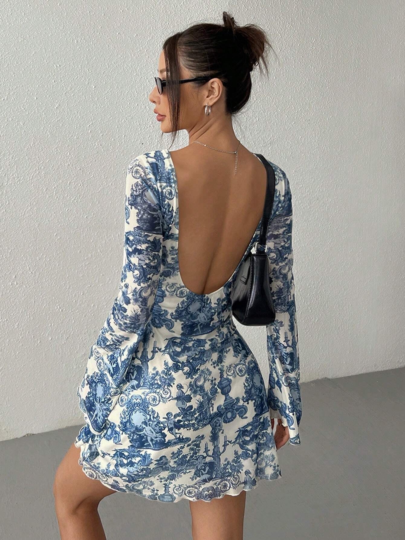 Autumn Printed Backless Mesh Mini Dress with Flared Sleeves | Slim-Fit Summer to Fall Dress