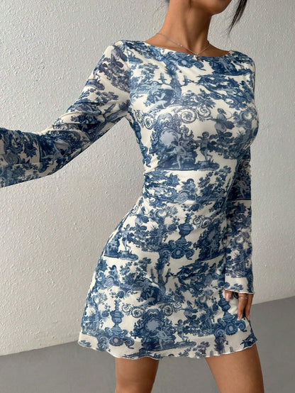 Autumn Printed Backless Mesh Mini Dress with Flared Sleeves | Slim-Fit Summer to Fall Dress