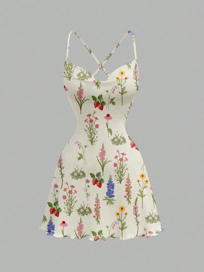 Printed Draped Neck Strap Mini Dress | Sleeveless Boho Slim-Fit A-Line Summer Going-Out Dress