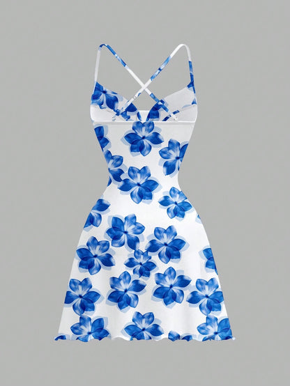 Printed Draped Neck Strap Mini Dress | Sleeveless Boho Slim-Fit A-Line Summer Going-Out Dress